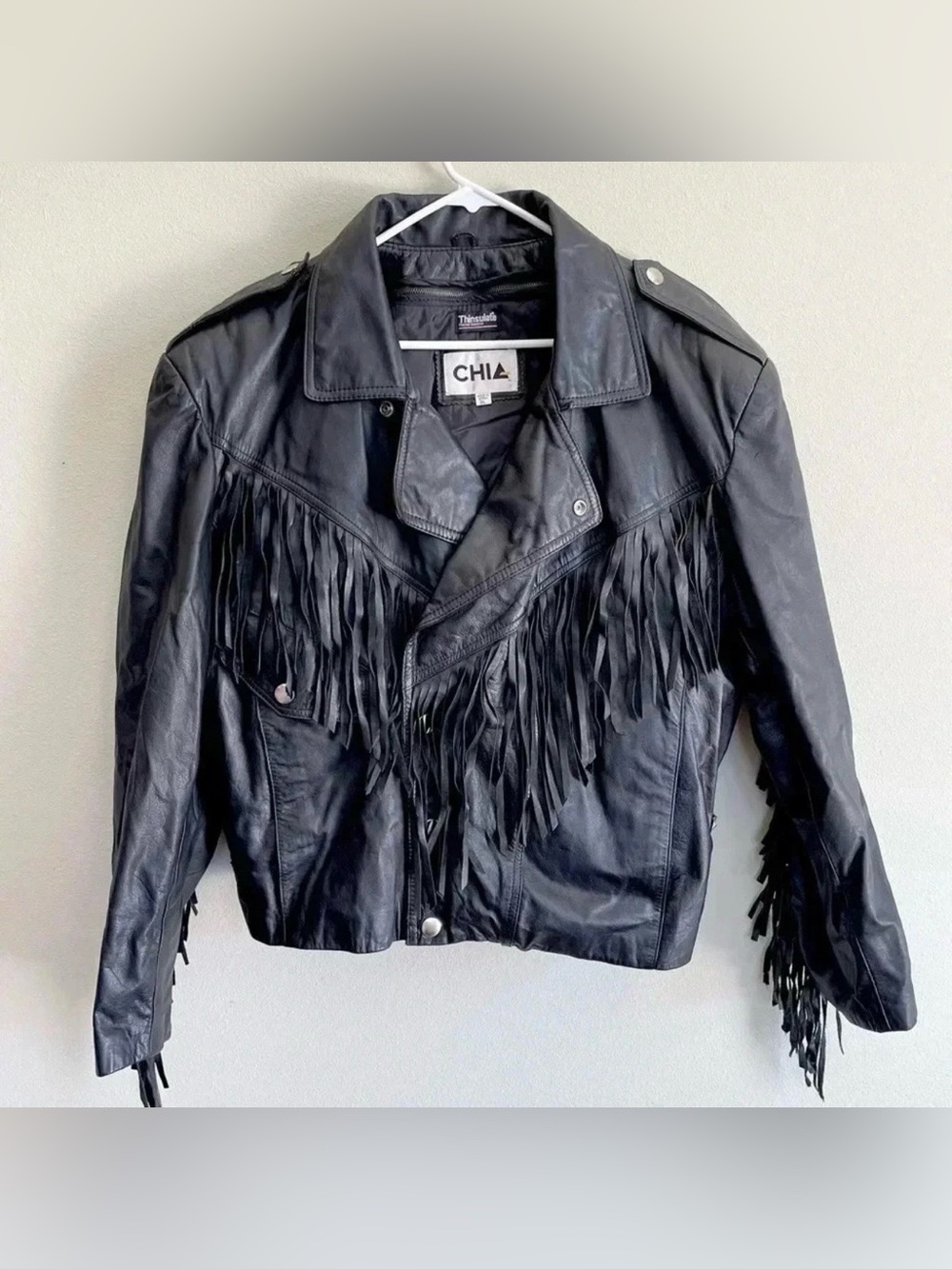 CHIA 3M Thinsulate Black Leather Fringe Moto Jacket